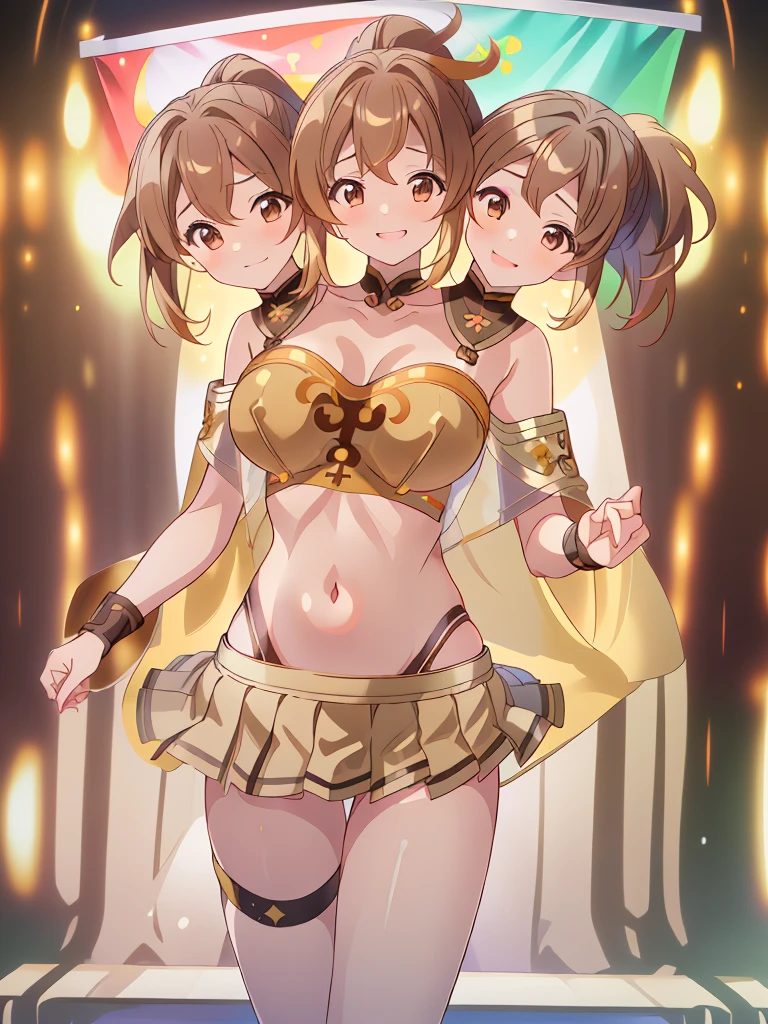 (masterpiece, best quality), best resolution, (3heads:1.5), 1girl, 16k resolution, highres, ultra quality, ultra resolution, ultra detail, FEDelthea, brown hair, ponytail, smiling, soft smile, open belly, gold-brown-white crop top, gold-brown miniskirt, swimsuit attire, open breasts, very huge tits, sexy pose, adult woman, 
