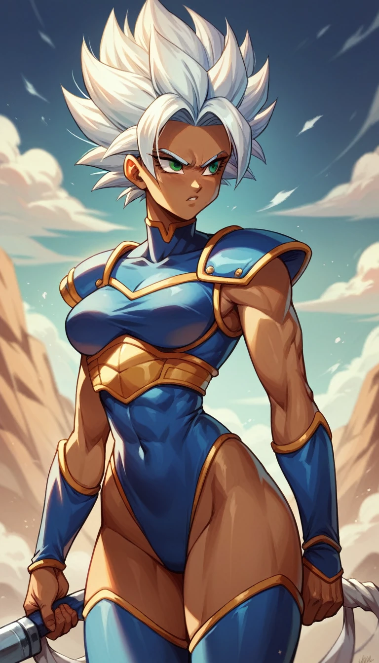 Saiyan, white hair combed back, green eyes,slim, thin waist, wide hips, brown skin color, medium breasts, blue saiyan armor, standing on a battlefield, looking seriously