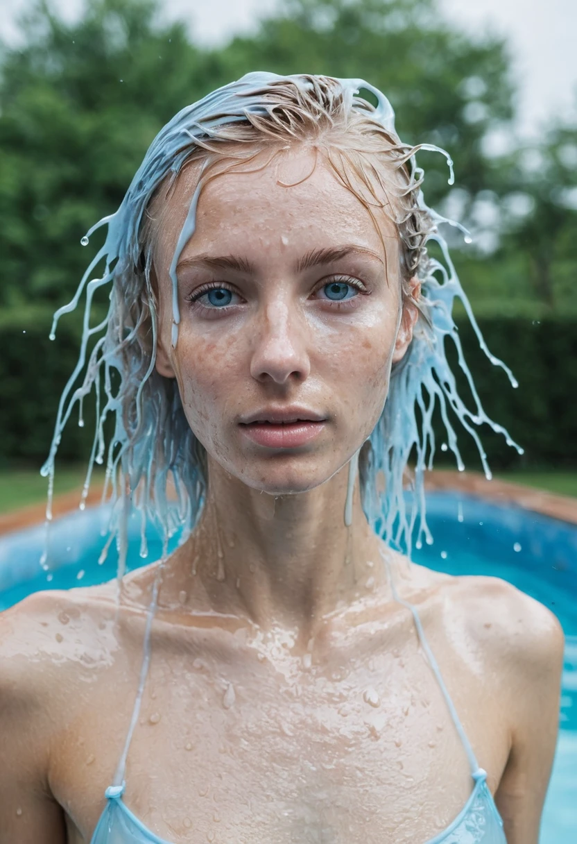 blonde woman with wet messy hair standing dripping wet by a swimming pool. pale blue translucent micro bikini, slim, freckles, grey eyes, high firm small breasts, skinny waist, viewed from level with the top of her head