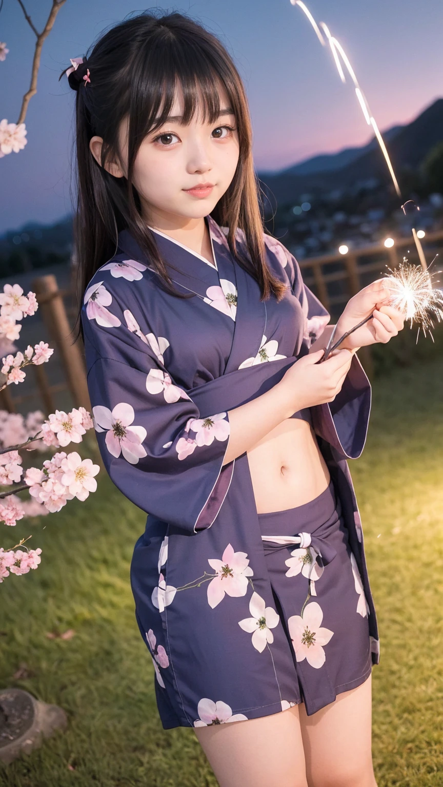 very cute、、girl、Straight Long Hair、Beautiful Skin、Thin legs、Slim body、((Mid-chest))、((yukata))、((firework))、((Night Sky))、((Cherry blossom trees))、yukataの胸元がはだけている、
