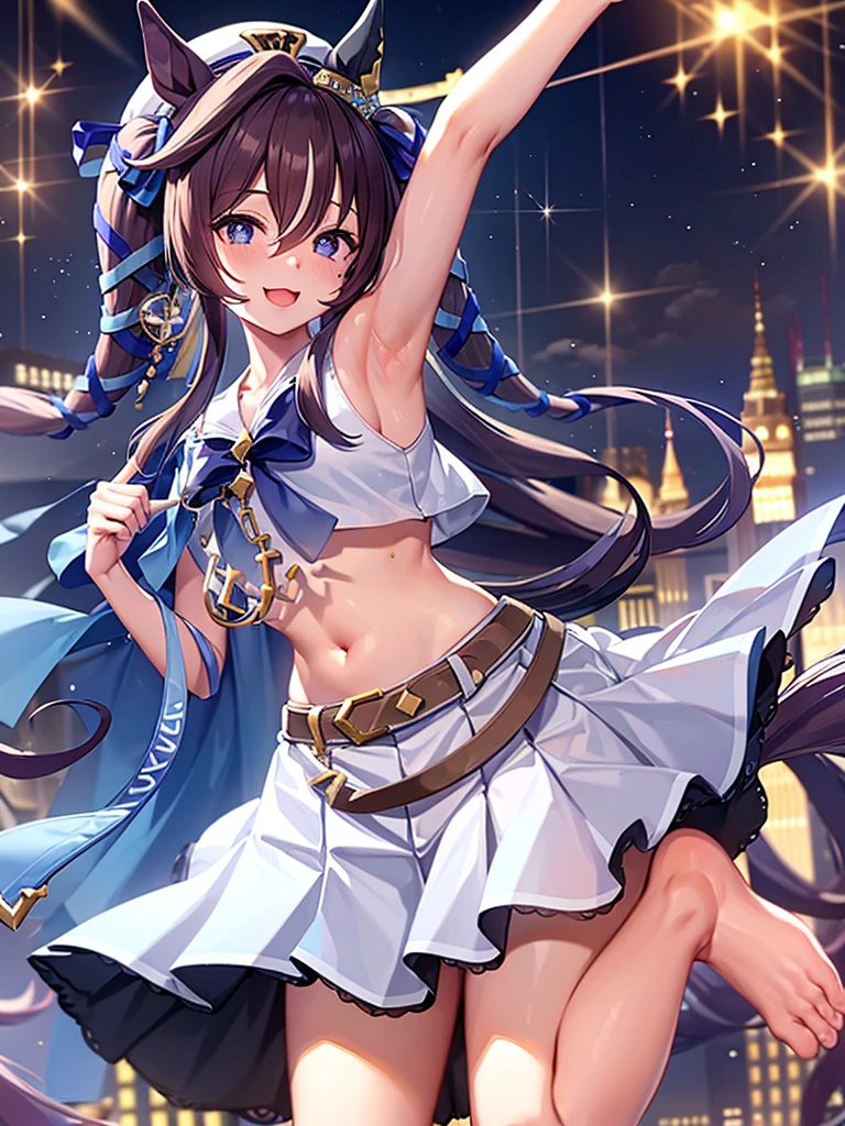 masterpiece, best quality, detailed, highly detailed, ultra detailed, extremely detailed CG, high resolution, 4K, in room, vivlos \(umamusume\), horse tail, hat, white sailor collar, bare shoulders, blue ribbon, small cape, strap, anchor ornament, bodystocking, belt, bare knees, white pleated skirt, barefoot,, smile, arm up, armpits,
