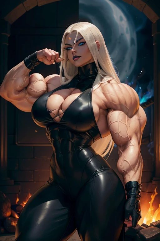 (Close view), White haired woman, long straight hair, light brown skinned, evil smirk, (black lipstick), ((massive muscles)), (hyper muscle), ((ginormous bulky muscles)), ((glowing blue eyes)), (black leather turtleneck top), (black hooded cloak), ((black leather pants)), (in front of fire wall), (Hot and burning universe:1.3)