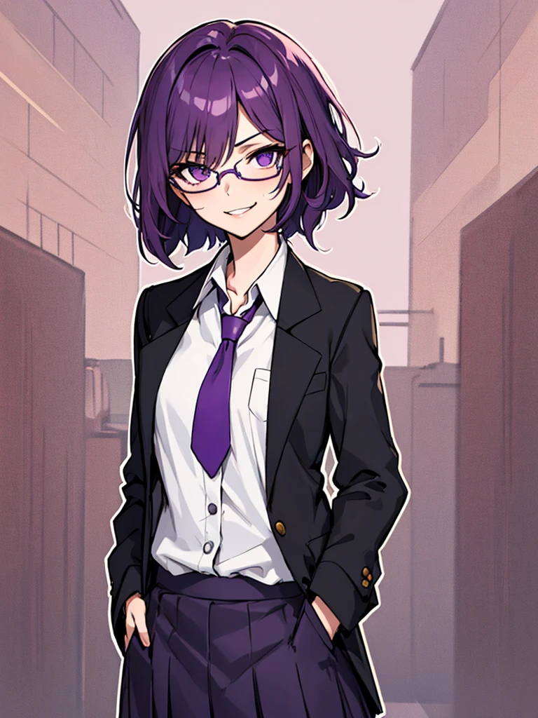 (masterpiece), best quality, expressive eyes, highres, best anatomy, cowboy shot, half body, 1girl, perfect face, perfect hands, female, short hair, messy hair, wavy hair, purple hair, side bang, purple eyes, fair skin, medium chest, slight smirk, purple glasses, purple skirt, tie, blazer, professional, button shirt, business, 1girl, solo, hands in pockets, friendly, bust outline, office background, office space,