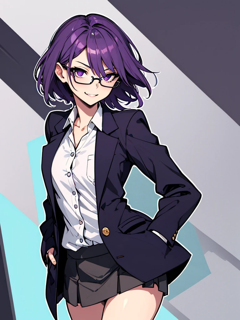 (masterpiece), best quality, expressive eyes, highres, best anatomy, cowboy shot, half body, 1girl, perfect face, perfect hands, female, short hair, messy hair, wavy hair, purple hair, side bang, purple eyes, fair skin, medium chest, slight smirk, purple glasses, purple skirt, tie, blazer, professional, button shirt, business, 1girl, solo, hands in pockets, friendly, bust outline, office background, office space,