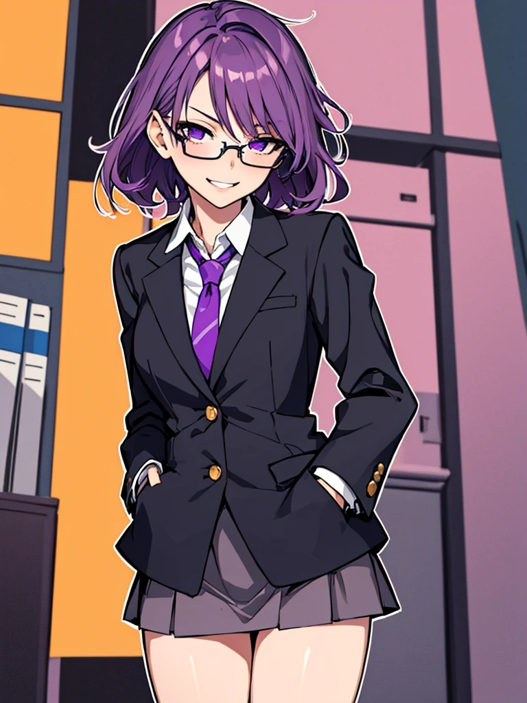 (masterpiece), best quality, expressive eyes, highres, best anatomy, cowboy shot, half body, 1girl, perfect face, perfect hands, female, short hair, messy hair, wavy hair, purple hair, side bang, purple eyes, fair skin, medium chest, slight smirk, purple glasses, purple skirt, tie, blazer, professional, button shirt, business, 1girl, solo, hands in pockets, friendly, bust outline, office background, office space,