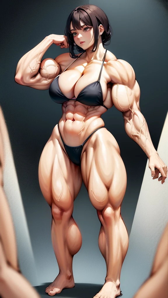 Woman in black bikini and small man in white shirt, weak and small man, thin and small physique, Very beauthful. , ,weak and defenseless man, small physique, , muscular ultraviolent woman, muscular and scary, absurdly huge physique, big muscles, extremely muscular woman,