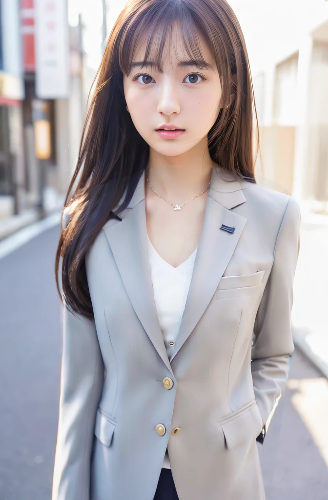 ((Wearing a navy fitted suit))、