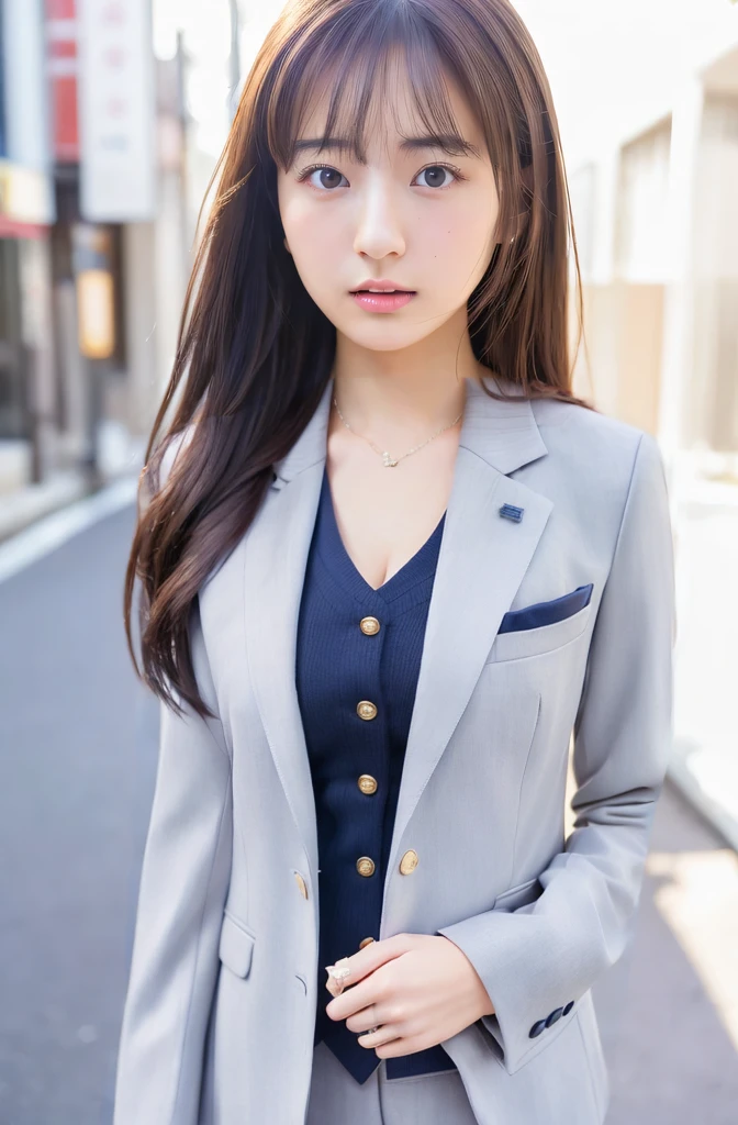 ((Wearing a navy fitted suit))、