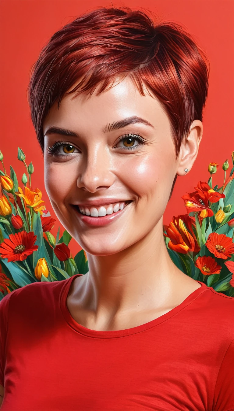 create a smiling woman with red t-shirt short hair pixie, flowers, Masterpiece, illustration style by Ali Erturk, high detail, hyperrealistic, natural light, illustration, Bright colors, bright colors