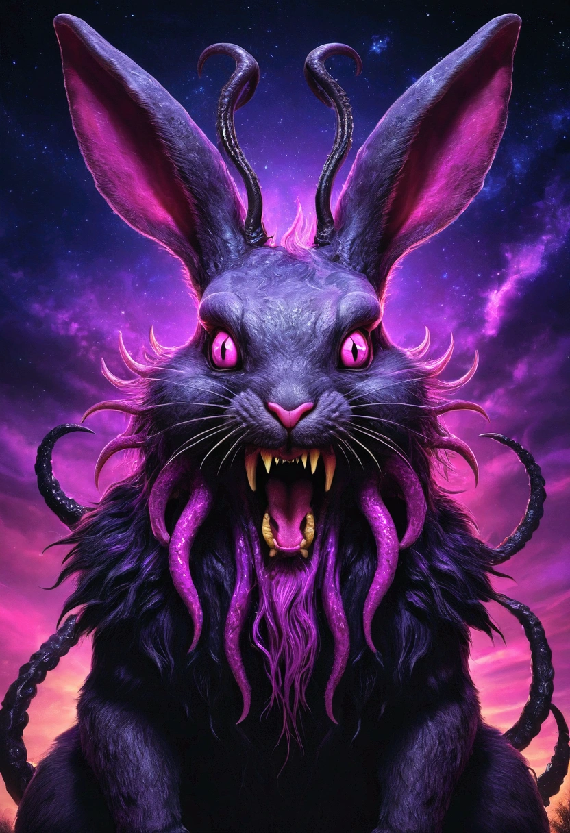 Devilish humanoid rabbit, with rage with black and purple fur and magenta antlers, bright Eyes, night sky full of horror and Eldritch tentacles, Best Quality, masterpiece, illustration,