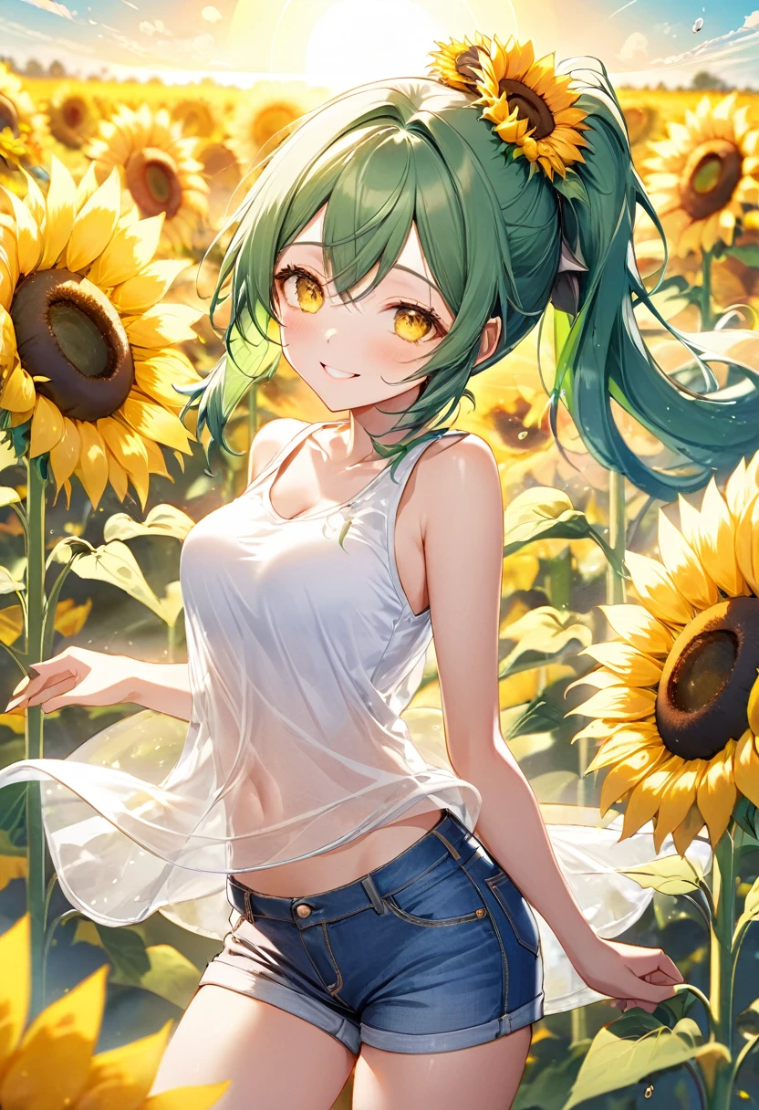 (dynamic play style), (love situation) , (solo:2 ponytail green hair long hair sexy girl, cute yellow eyes, love smile, medium:1.3 tits), (in a white summer tank top with double exposure:1.3 sunflower, short Denim pants), break, in the many sunflower open field, background beautiful sun shine, BREAK, perfect anatomy, masterpiece, best quality, 16k, beautiful detailed sunflower, daydreaming expression