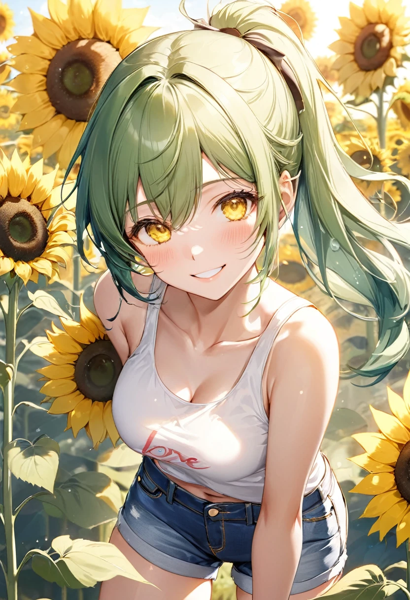 (dynamic play style), (love situation) , (solo:2 ponytail green hair long hair sexy girl, cute yellow eyes, love smile, medium:1.3 tits), (in a white summer tank top with double exposure:1.3 sunflower, short Denim pants), break, in the many sunflower open field, background beautiful sun shine, BREAK, perfect anatomy, masterpiece, best quality, 16k, beautiful detailed sunflower, daydreaming expression