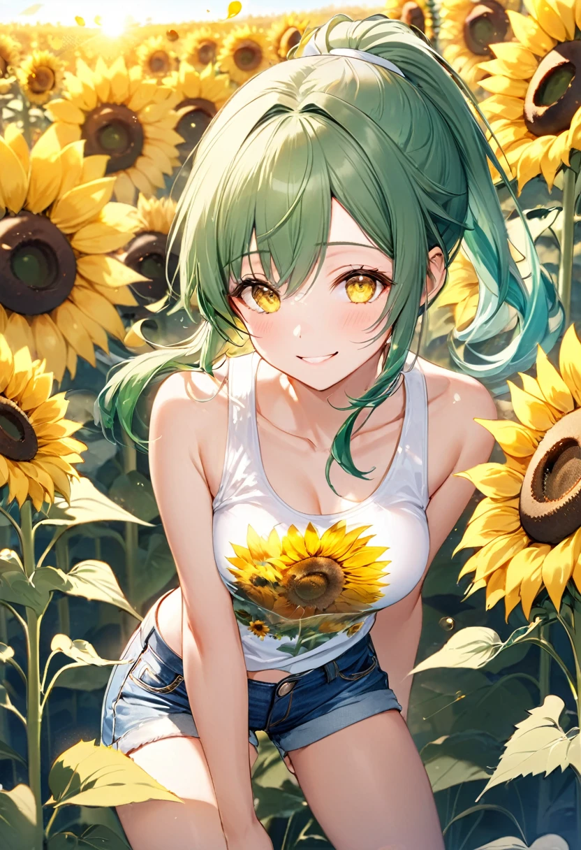 (dynamic play style), (love situation) , (solo:2 ponytail green hair long hair sexy girl, cute yellow eyes, love smile, medium:1.3 tits), (in a white summer tank top with double exposure:1.3 sunflower, short Denim pants), break, in the many sunflower open field, background beautiful sun shine, BREAK, perfect anatomy, masterpiece, best quality, 16k, beautiful detailed sunflower, daydreaming expression