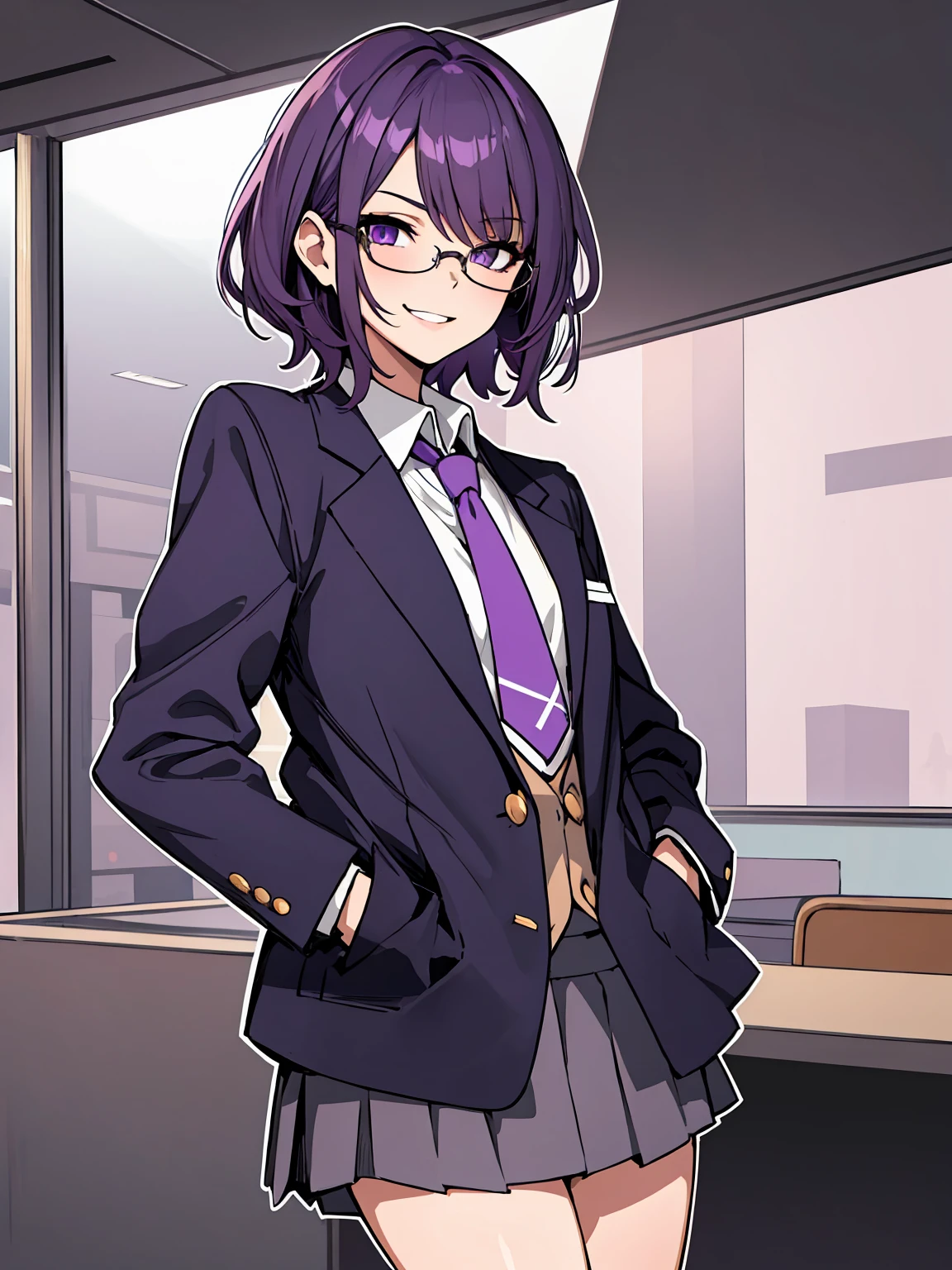 (masterpiece), best quality, expressive eyes, highres, best anatomy, cowboy shot, half body, 1girl, perfect face, perfect hands, female, short hair, messy hair, wavy hair, purple hair, side bang, purple eyes, fair skin, medium chest, slight smirk, purple glasses, purple skirt, tie, blazer, professional, button shirt, business, 1girl, solo, hands in pockets, friendly, bust outline, office background, office space, 