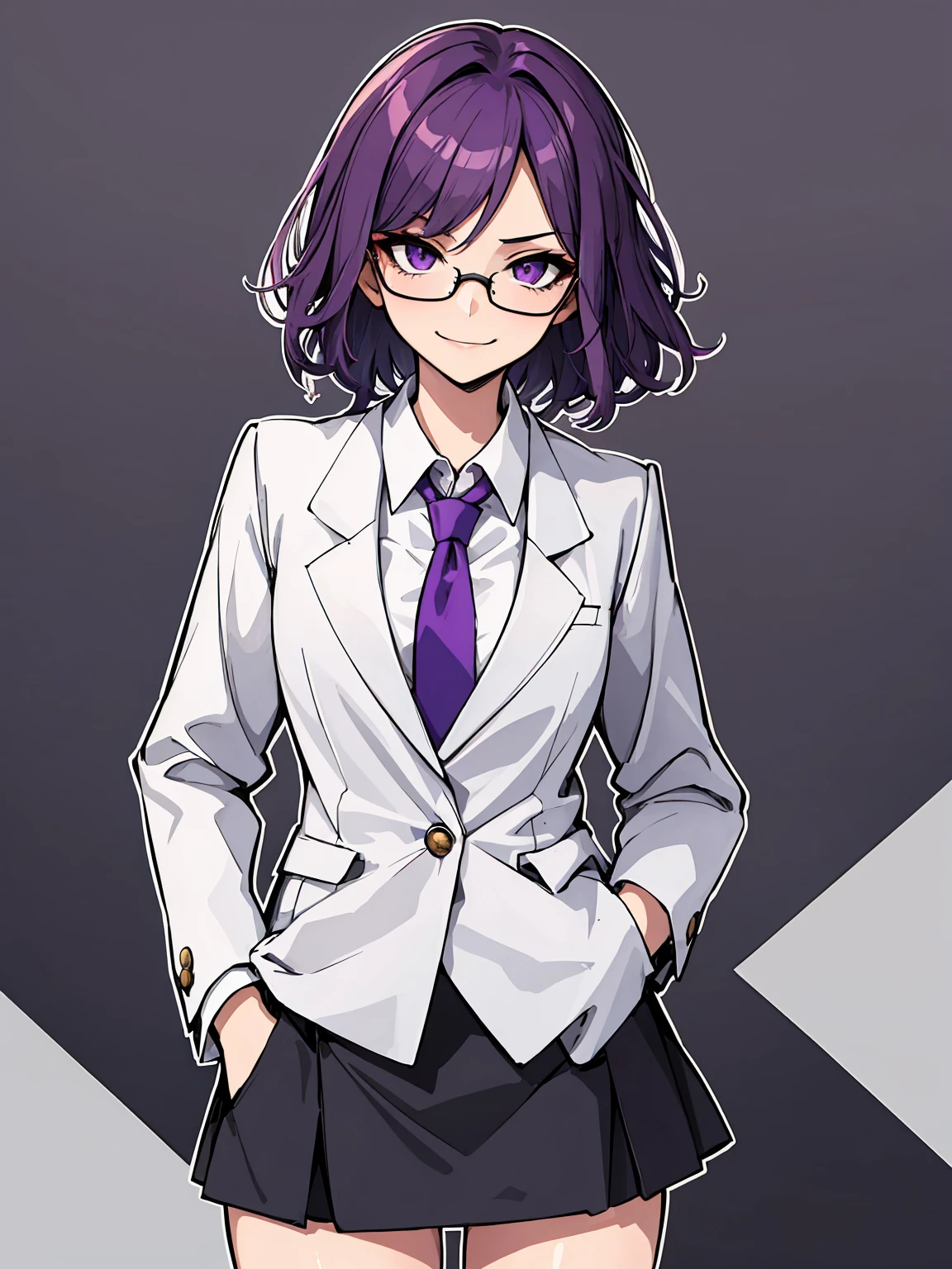 (masterpiece), best quality, expressive eyes, highres, best anatomy, cowboy shot, half body, 1girl, perfect face, perfect hands, female, short hair, messy hair, wavy hair, purple hair, side bang, purple eyes, fair skin, medium chest, slight smirk, purple glasses, purple skirt, tie, blazer, professional, button shirt, business, 1girl, solo, hands in pockets, friendly, bust outline, office background, office space,