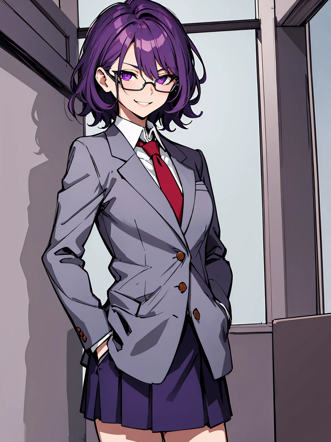 (masterpiece), best quality, expressive eyes, highres, best anatomy, cowboy shot, half body, 1girl, perfect face, perfect hands, female, short hair, messy hair, wavy hair, purple hair, side bang, purple eyes, fair skin, medium chest, slight smirk, purple glasses, purple skirt, tie, blazer, professional, button shirt, business, 1girl, solo, hands in pockets, friendly, bust outline, office background, office space, 