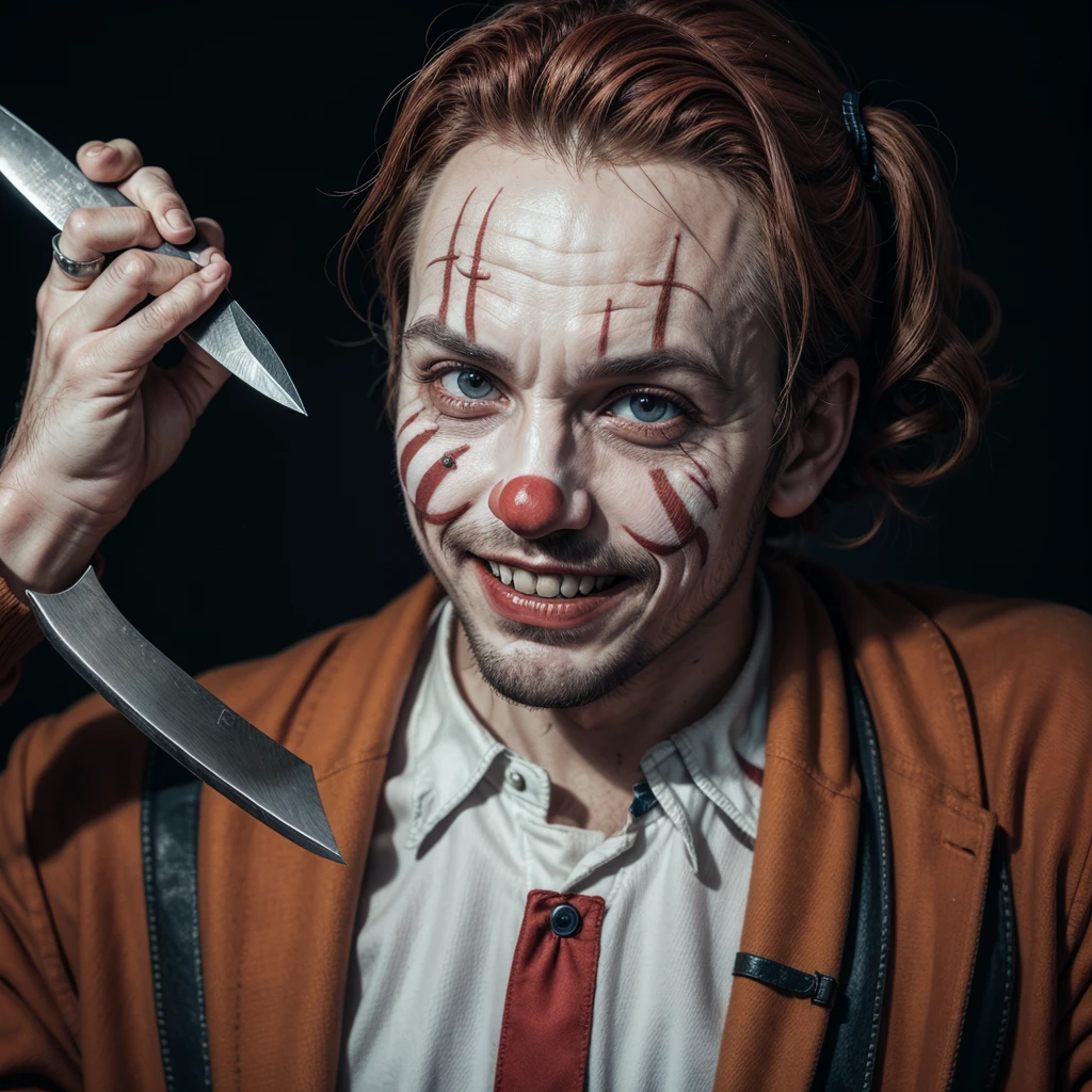 Realistic and scary man clown with knife in hand smiling
