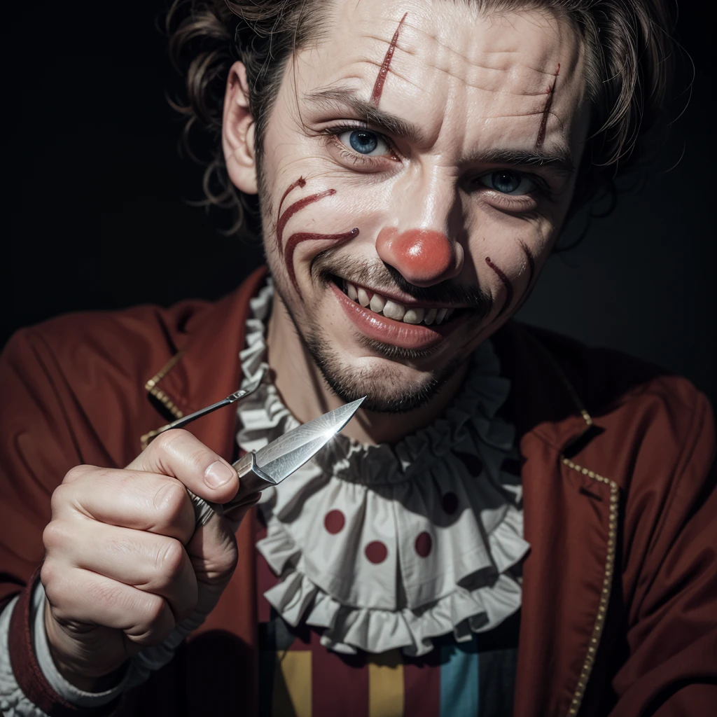 Realistic and scary man clown with knife in hand smiling