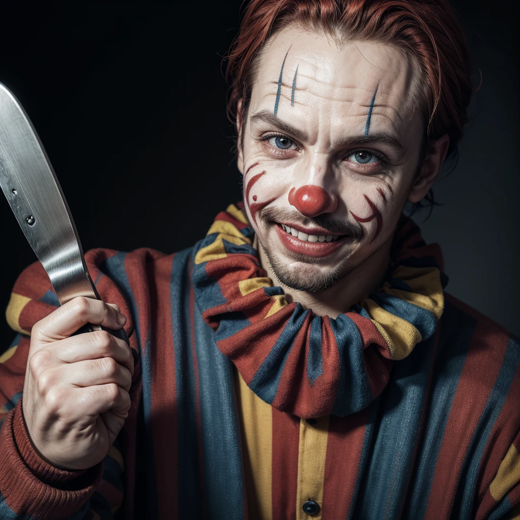 Realistic and scary man clown with knife in hand smiling