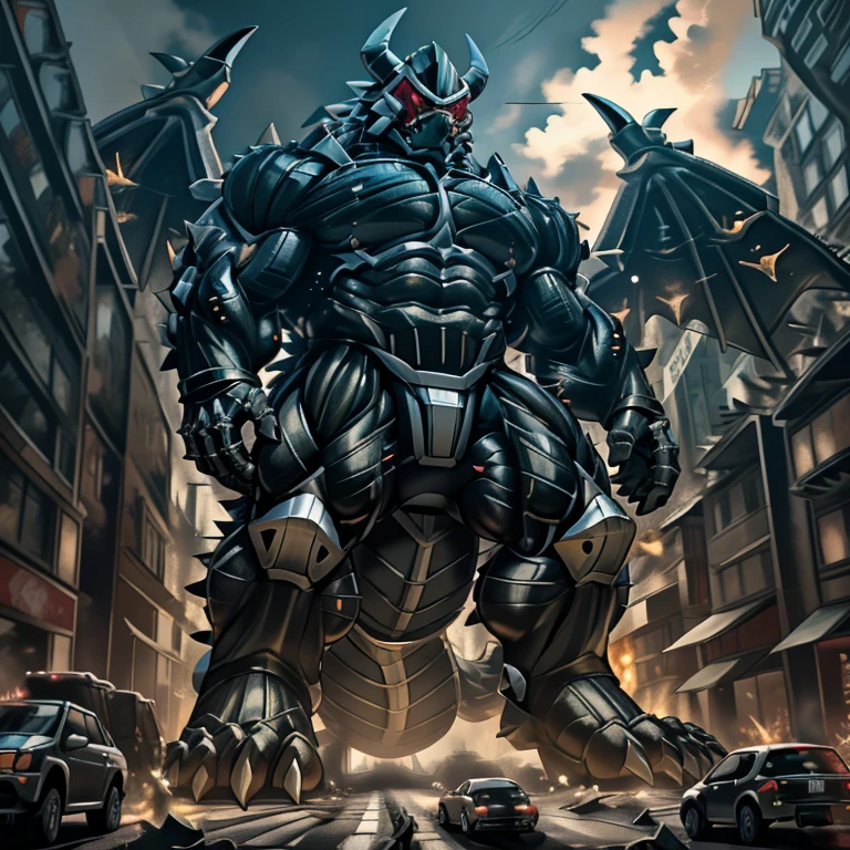 (masterpiece. official art. 8k. best quality. detailed full body. full body.)
(situation 1 : dominating demon lord dragon batzz. focus Colossus mechanical Muscular demon lord dragon batzz is trampling the CITY. macro. stomp. Low-angle perspective. emphasizing the immense size. The perspective is from below, emphasizing the sheer majesty and power of the Colossus. Colossus art. He is much bigger than a skyscraper. Giga Colossuss. micro soccer field. looking down.)

(situation 2 :smoke and flames rising from the destruction in the city)

(Additional details 1: wearing a full-face helmet. helmet is jet black. The color of NANOSUIT is jet black. high-tech bio-mecha armor. real texture material. whole body shines like metal. Wearing cyberpunk mecha. emphasizes the muscles. suit fully made of metal. intricate armor. Robotic suit. suit fully made of metal. NANOSUIT with the same design as demon lord dragon batzz.). (demon lord dragon batzz has 5 toes.)

(Additional details 2: (Detailed head. Detailed Body. Detailed abs. gigantic muscles. HYPER MUSCLES. Gigachad Muscular. big muscle. pecs. triceps. traps. unusually developed muscular body. body full of huge muscles. showing off muscles. pectorales enormes. Exaggeratedly huge muscles. huge muscles. long legs.).

(Additional details 3: nj5furry, Spread wings. It has wings. black have big wings. The claws are sharp. Sharp teeth.5 toes.). 