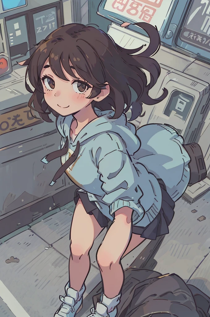 (best quality:0.8) perfect anime illustration, a pretty, happy woman with short curly brown hair on the street in the city, wearing a hoodie, skirt