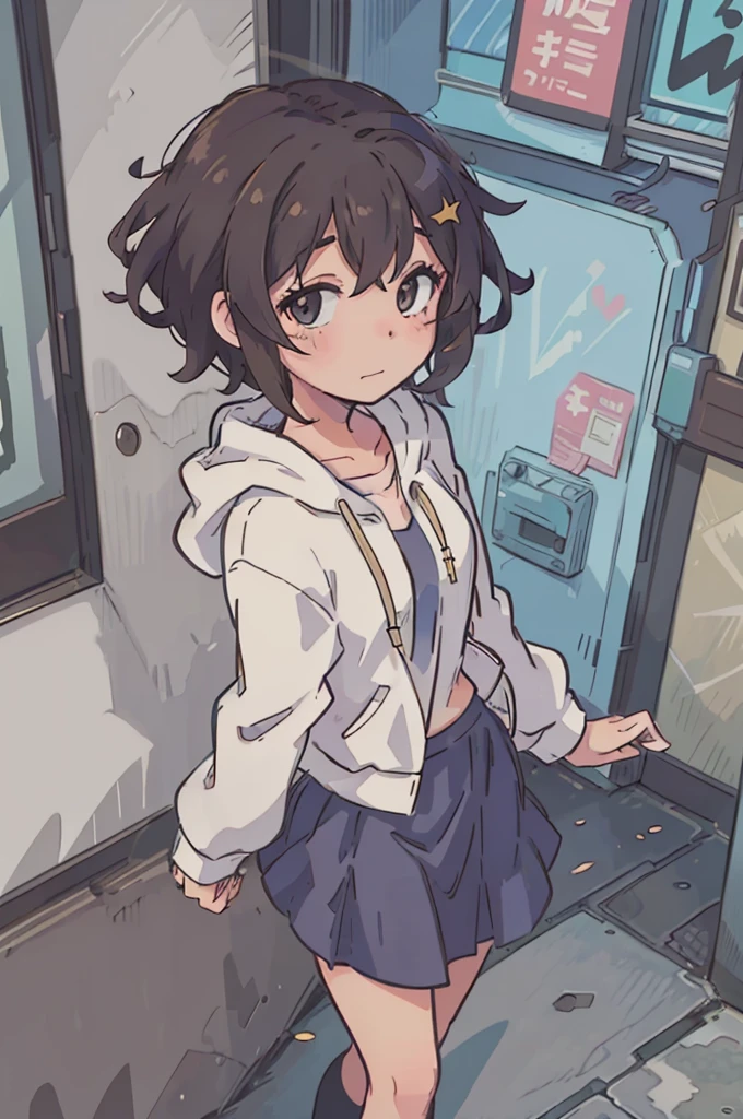 (best quality:0.8) perfect anime illustration, a pretty, happy woman with short curly brown hair on the street in the city, wearing a hoodie, skirt