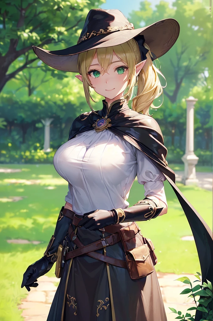 (((masterpiece; best quality: 1.2))), (finely detailed eyes: 1.3), (25 year old elf woman), (solo), (green eyes: 1.4), (body; big breasts, fit, femenine: 1.3), (silky blonde hair in low ponytail: 1.3), (beautiful and clear background: 1.2), ((depth of field)), (equipment: adventurer garb + modest + elegant wide-brim hat + dark blouse + dark cape + black long skirt + gloves + belt + pouches: 1.3), (anime illustration: 1.2), (background composition; royal garden: 1.1), (extremely fine and beautiful: 1.1), (shot composition; standing + centered on torso + close-up: 1.5), (expression; calm, smile: 1.2)