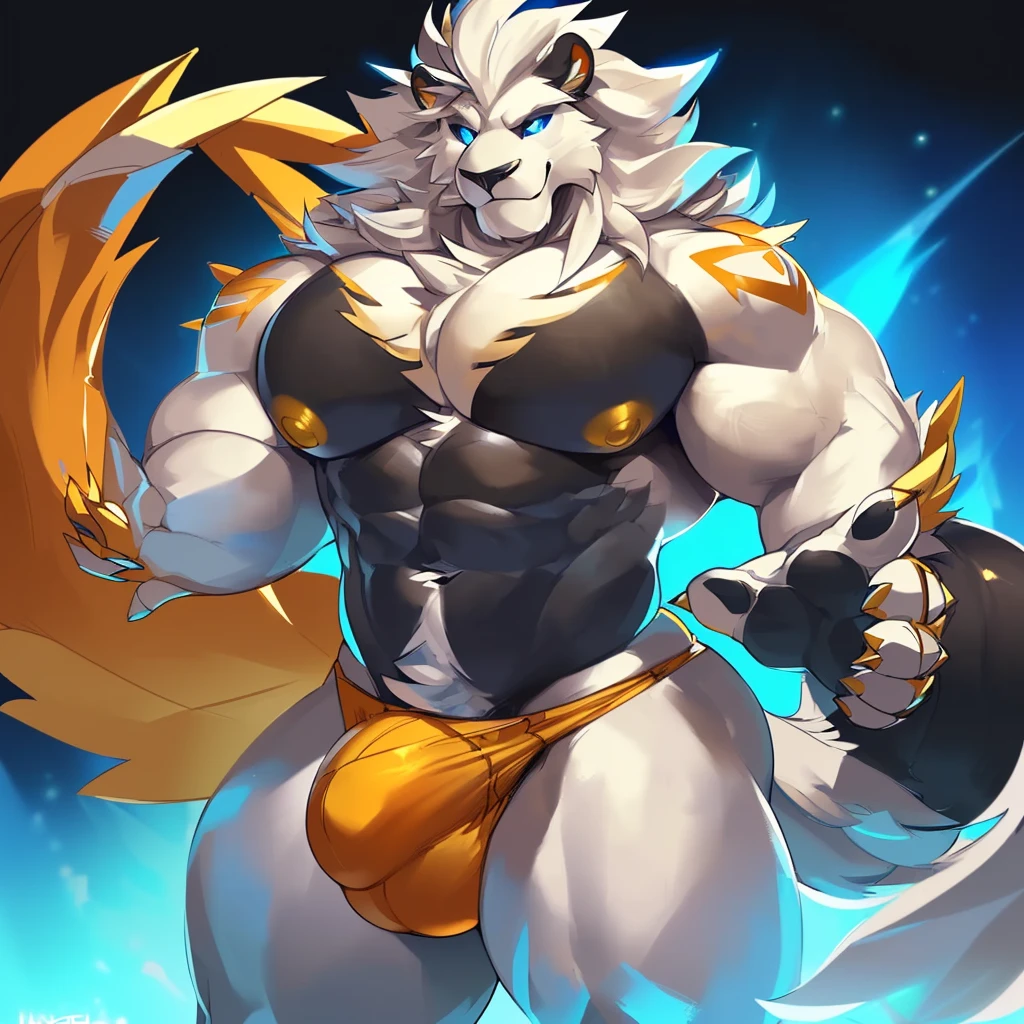 Solo, Anthro, male (((solgaleo, lion, blue sclera, muscular, big pecs, abs, yellow nipples, white fur, black body, black nose, multicolored body, multicolored fur, multicolored mane, white mane, mane, grey pecs, black chest, black abdomen, white arms, white legs, 5 fingers, tail, white tail, yellow tipped tail, markings, orange tipped mane, orange speedo, big bulge))) standing, pokemorph, biped ((focus grey abdomen, focus solgaleo, focus grey chest)) full body, perfect anatomy, by darkgem, by mystikfox61, by glitter trap boy