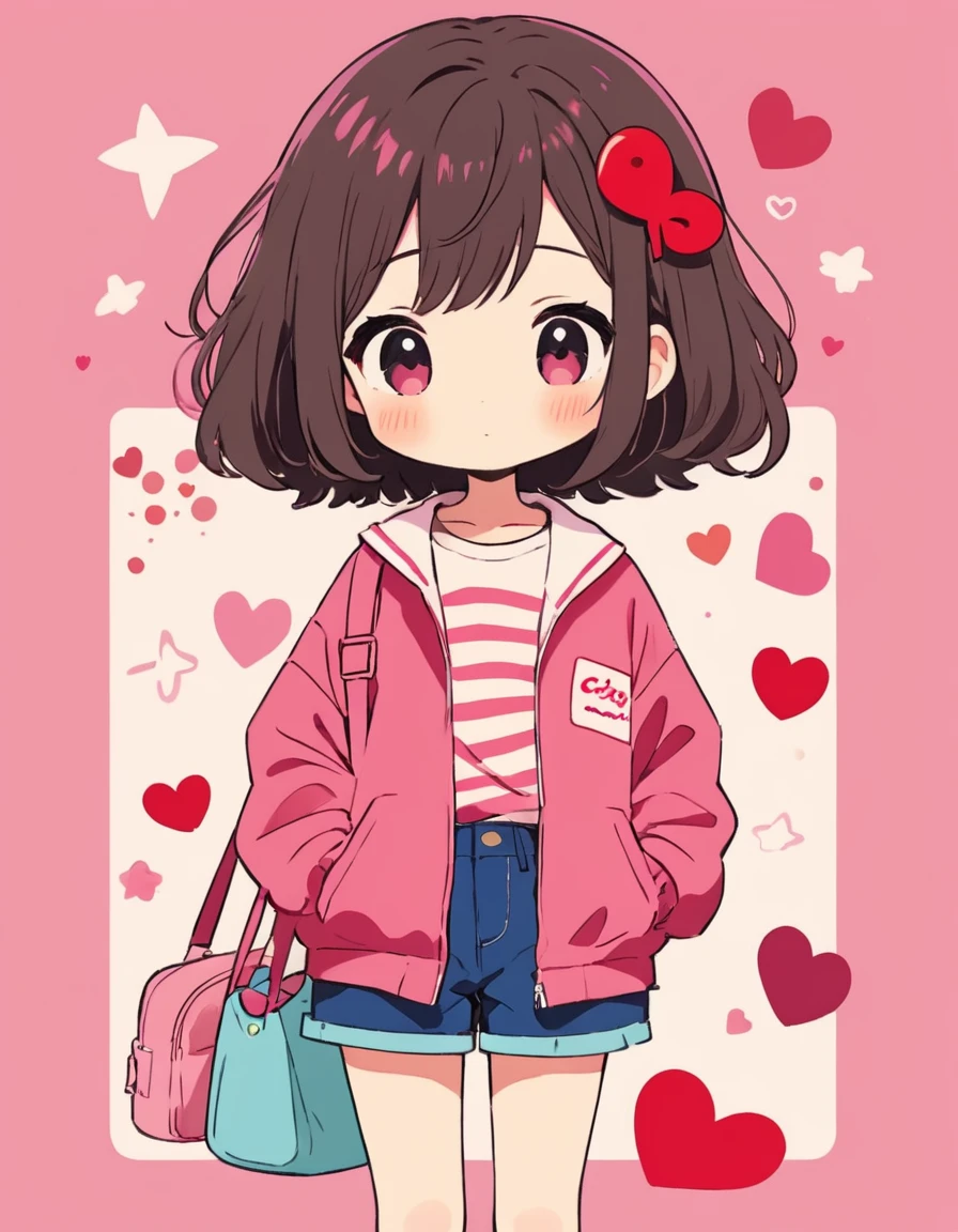 Makoto Shinkai pink and Red style, Simple Line Initialism，Abstract art，Kawaii Design, The most beautiful girl of all time、chibi, Summer Fashionable Clothes, (((Cute pillbugs))), colorful hearts