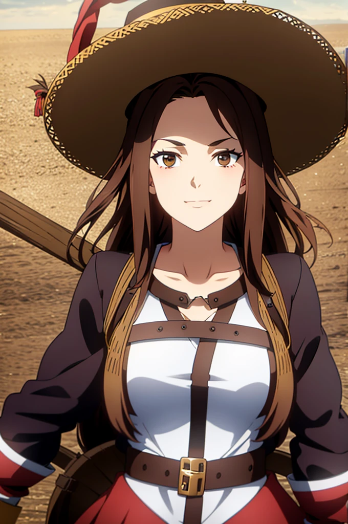 1 female, medium length brown hair, hazel eyes, wearing pirate outfit, at the helm of a pirate ship, wearing straw hat with red band, wearing straw hat