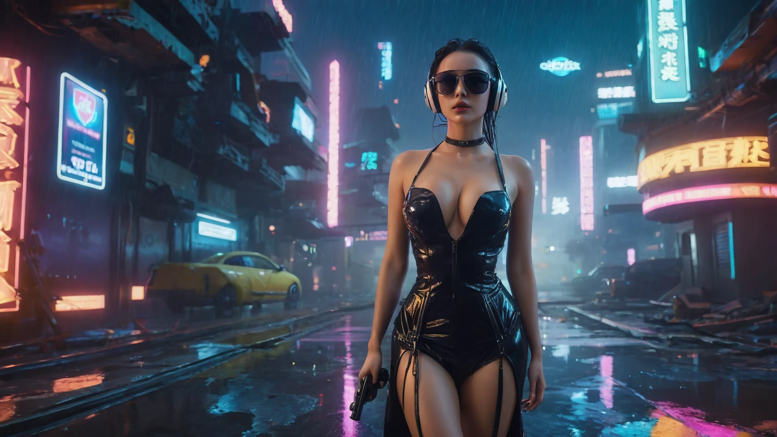 (aerial view), (a flying cars docking platform), a very dark abandoned futuristic city, neon lights, rainy night. 1girl, solo, alone, large-breast:1.2 slim body, cleavage:1.1, sexy wind blowing wet dress:1.4, headphone, (black sunglasses), (((she raised a pistol:1.8 and shot:1.8 the viewer))), dynamic pose, (half-body thigh level medium shot), cinematic lighting, lens flare, ray tracing.