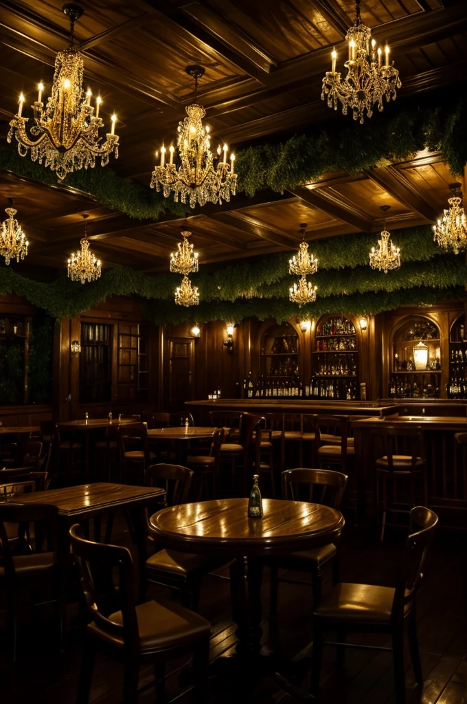 The atmosphere of the tavern at night, the lawn, the pine trees.
The dim light from pale yellow chandeliers illuminated the tavern's interior. The atmosphere is filled with The aroma of cocktails combined with the sound of music playing in the background. from live musicians nohuman,noperson