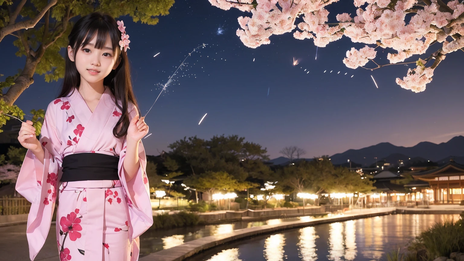 very cute、16 years old、girl、Straight Long Hair、((Beautiful Skin))、((Thin legs))、((Slim body))、((Mid-chest))、((yukata))、((firework))、((Night Sky))、((Cherry blossom trees))、yukataの胸元がはだけている、