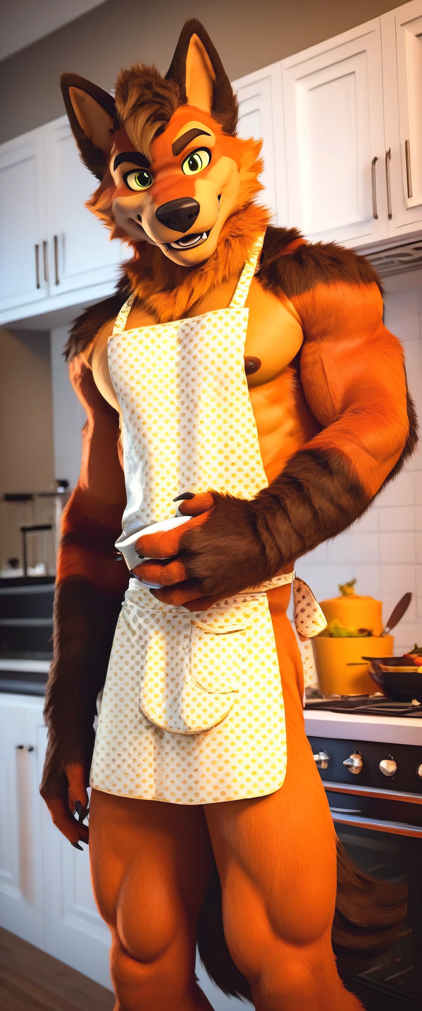 score_9, score_8_up, score_7_up, rating_Uncensored,source_furry,anthro,source_3D, An adult male muscular werewolf fursuit, Looking at the viewer with a naughty smile, Alone in the kitchen, nude, sensual apron, yellow eyes,