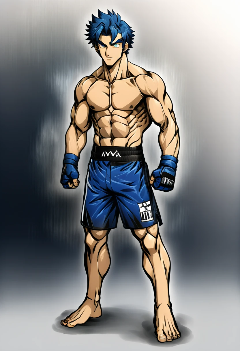 20 year old man, rough appearance, masculine, muscular, MMA fighter, short shaved tousled blue hair, green eyes, wide eyebrows, Whole body, tight blue compression shorts, shirtless, MMA gloves, anime style.