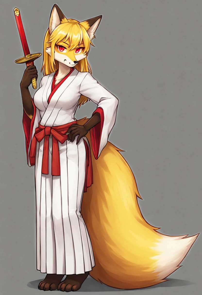 (full body,A Cup,The left hand is on the hip,The right hand is hidden),Fox woman, Furry, Golden fur, Golden facial fur, long golden hair, The hair on his hands is golden, Golden yellow hair on the back of the hand, Light-filled eyes, Red eyes, Brown elements of fur,Hakama,Sword on waist,Very fine fur, Fluffy tail,A Cup