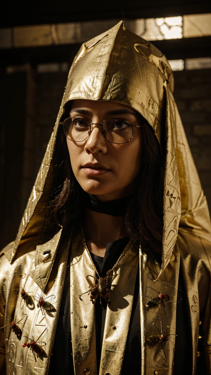 A selfie set in the context of the plagues of Egypt, thousands of insects in the sky, as described in the Bible. The image must show a serious-looking person, dressed in typical clothes from ancient Egypt, like a pharaoh costume or a simple cloak, wearing a hair and face covering, and wearing round, dark glasses. The background must represent one of the biblical plagues, like a river of blood, an invasion of frogs, a swarm of locusts, darkness or any other plague. The person's facial expression should reflect surprise or fear, capturing the intensity and chaos of the plagues. Add authentic details to the scene, such as architecture and objects of the time, to give more realism to the scene.