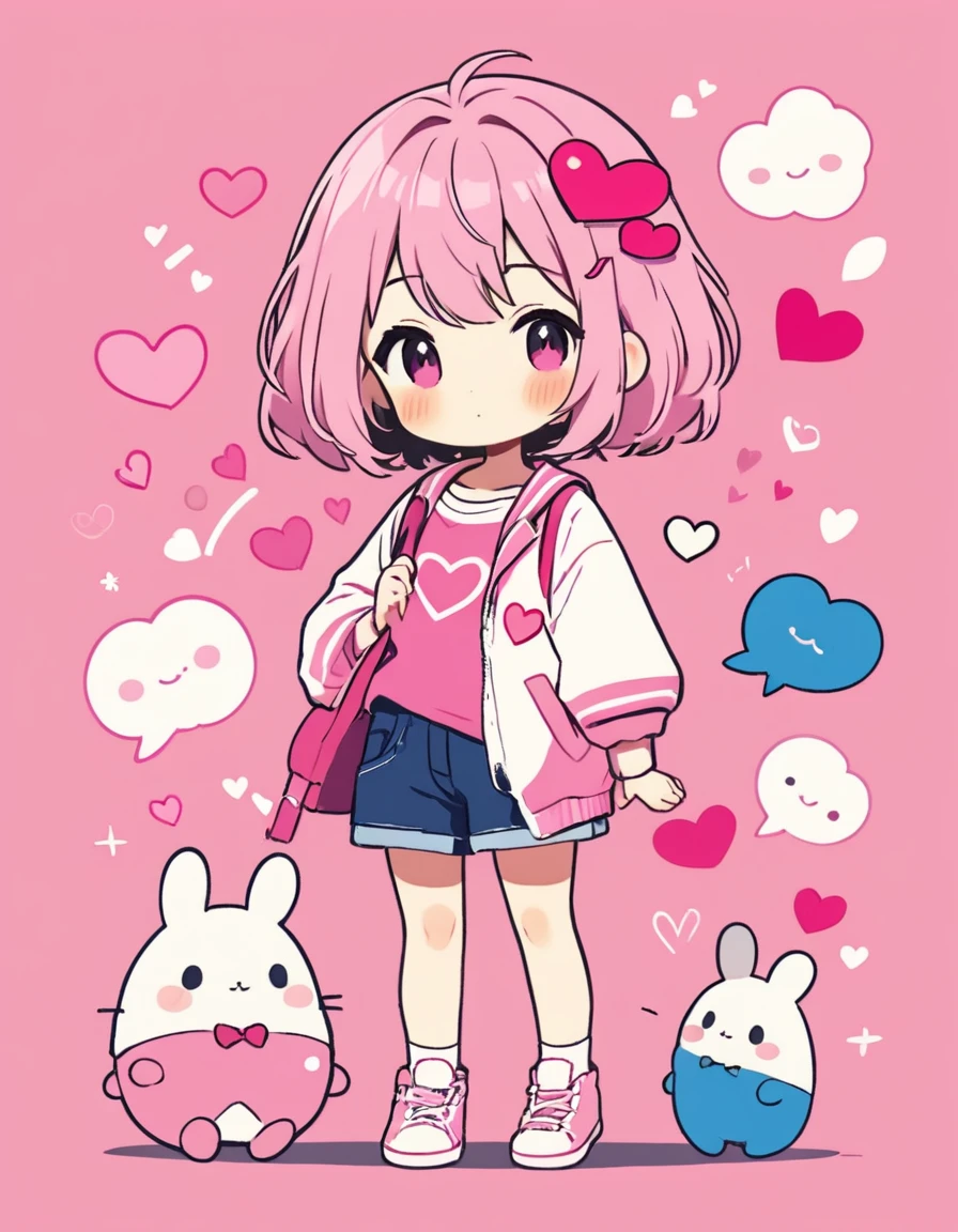 Makoto Shinkai pink and White style, Simple Line Initialism,Abstract art,Kawaii Design, The most beautiful girl of all time、chibi, Summer Fashionable Clothes, (((Cute pillbugs))), colorful hearts
