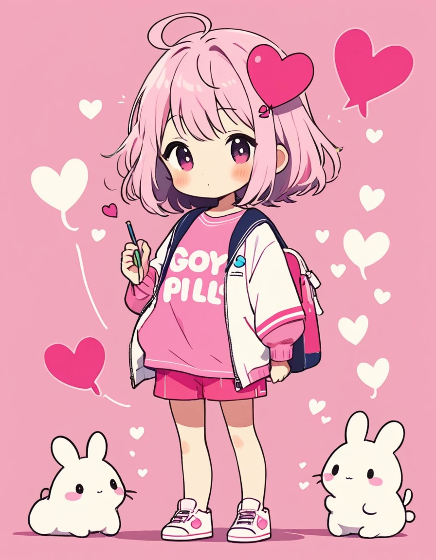 Makoto Shinkai pink and White style, Simple Line Initialism，Abstract art，Kawaii Design, The most beautiful girl of all time、chibi, Summer Fashionable Clothes, (((Cute pillbugs))), colorful hearts