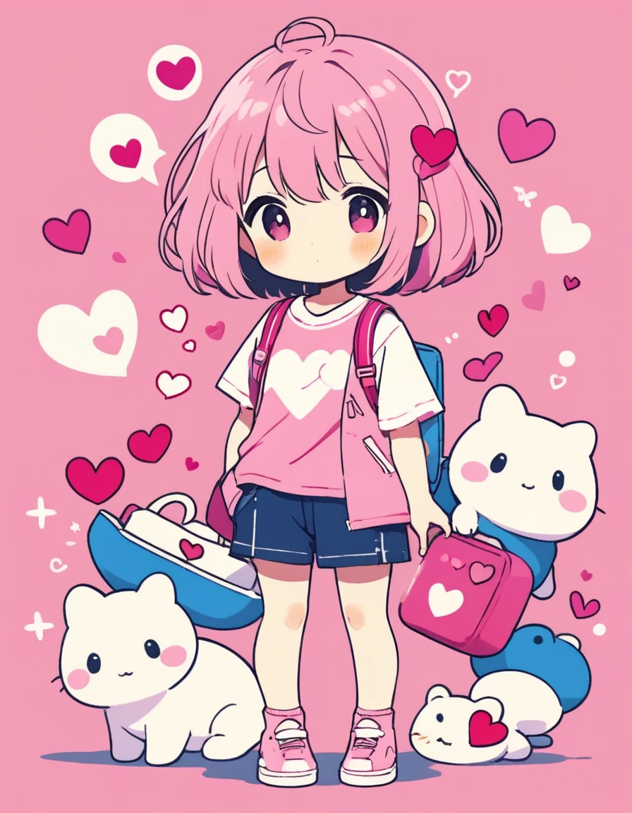 Makoto Shinkai pink and White style, Simple Line Initialism,Abstract art,Kawaii Design, The most beautiful girl of all time、chibi, Summer Fashionable Clothes, (((Cute pillbugs))), colorful hearts
