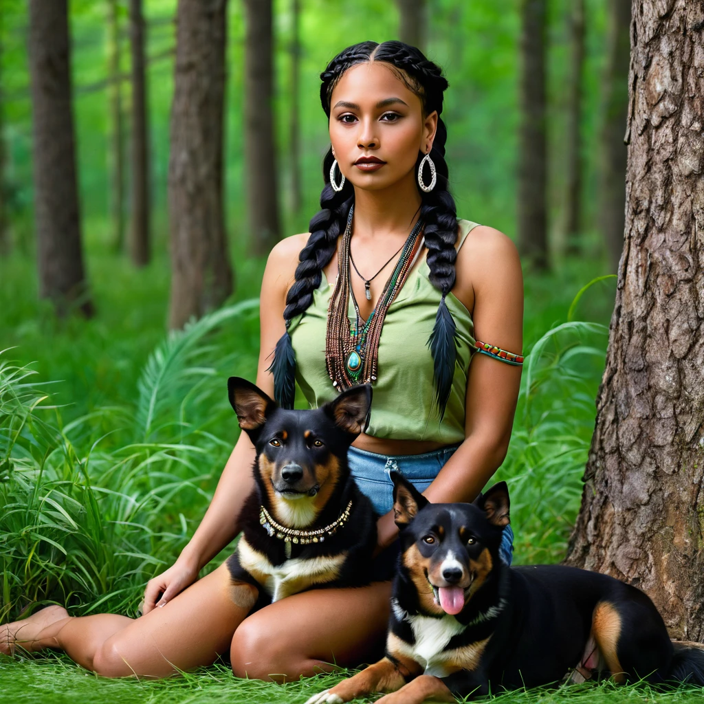 Realistic image of a woman, alone, with long hair, looking at the viewer, black hair, brown eyes, jewelry, braid, earrings, dark skin, necklace, mole, dark-skinned woman, lips, feathers, Native America, sitting on the green grass in the forest trees with her dogs