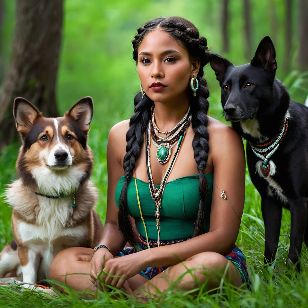 Realistic image of a woman, alone, with long hair, looking at the viewer, black hair, brown eyes, jewelry, braid, earrings, dark skin, necklace, mole, dark-skinned woman, lips, feathers, Native America, sitting on the green grass in the forest trees with her dogs