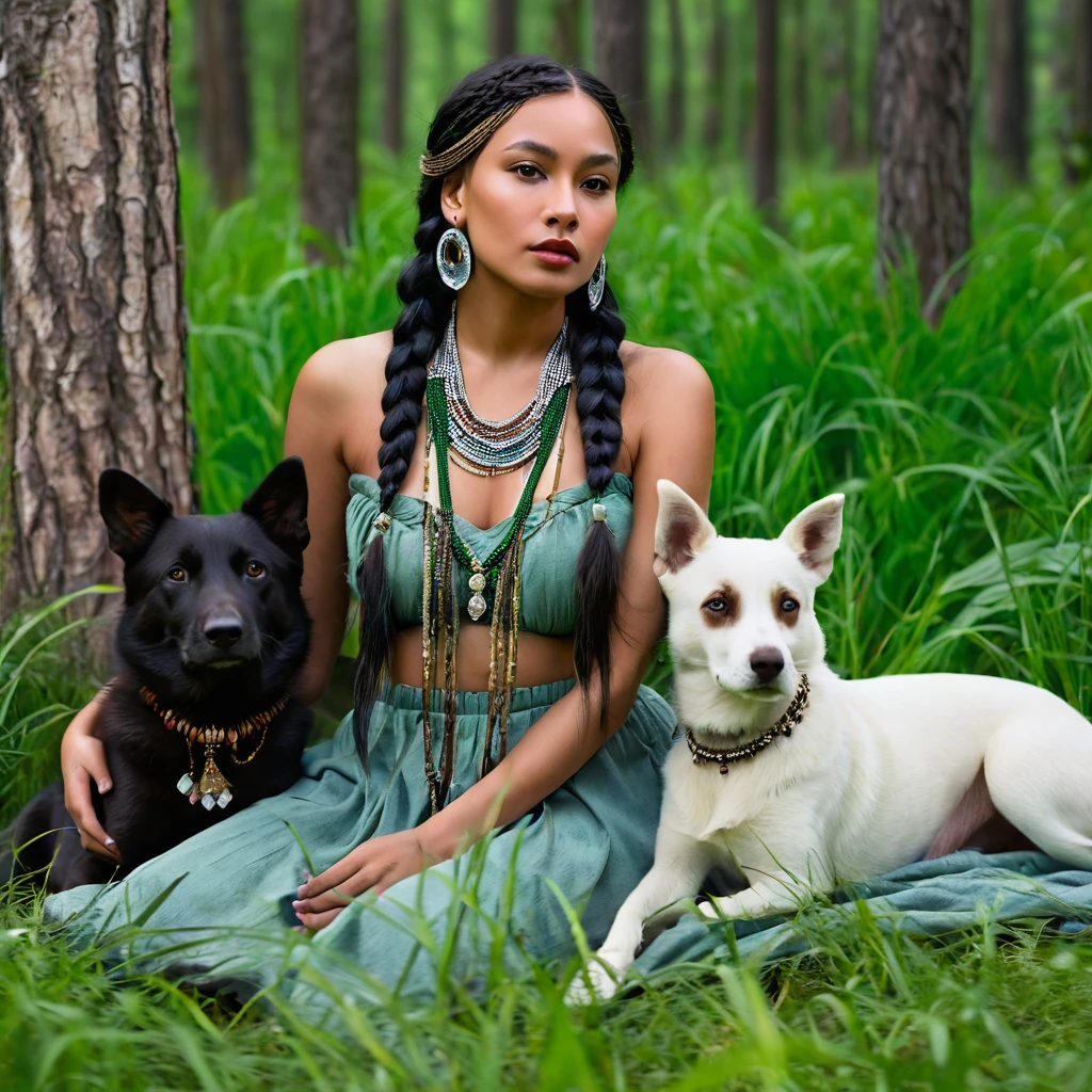Realistic image of a woman, alone, with long hair, looking at the viewer, black hair, brown eyes, jewelry, braid, earrings, dark skin, necklace, mole, dark-skinned woman, lips, feathers, Native America, sitting on the green grass in the forest trees with her dogs
