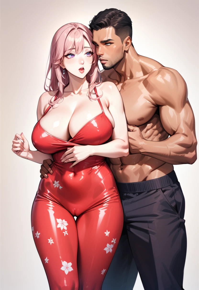 (1 young man), (1 asian Mom), (Duet), A mom seduces a young blackman，（strong and naked black man，short pantuscle body，bodybuilder），（a young mom with big breasts，narrow waist，bare shoulders，(red catsuit dressed, floral print, naked）, European 40 year old milfs and th1 young black man r, best quality:1.4), (Ultra-high resolution:1.2), (8K, RAW photos:1.2), Laurena Lexis, (1 Mom, 1 son), Moms showing off their curves, bend down, Wearing sexy clothes and shorts, and their young son, Clear eyes, A mother and her young son, ((French Kiss)) kiss eachother