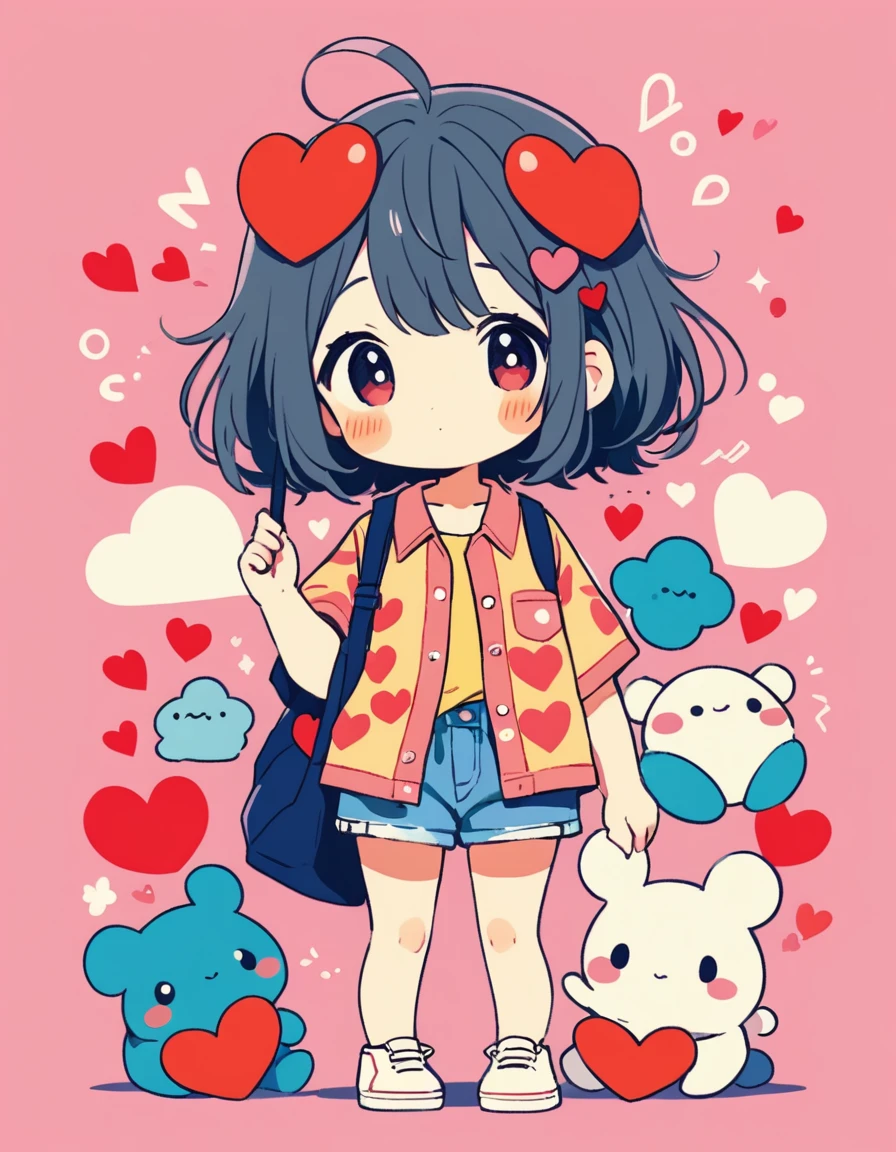 Makoto Shinkai colorful style, Simple Line Initialism,Abstract art,Kawaii Design, The most beautiful girl of all time、chibi, Summer Fashionable Clothes, (((Cute pillbugs))), colorful hearts