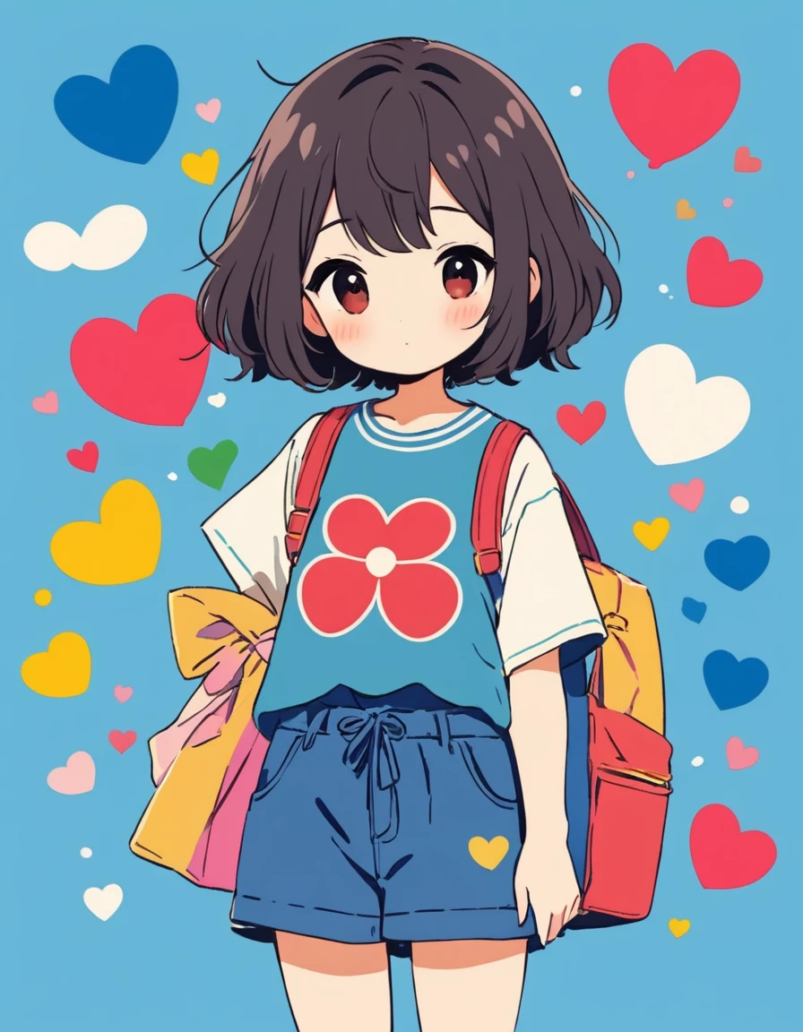 Makoto Shinkai colorful style, Simple Line Initialism,Abstract art,Kawaii Design, The most beautiful girl of all time、chibi, Summer Fashionable Clothes, (((Cute pillbugs))), colorful hearts