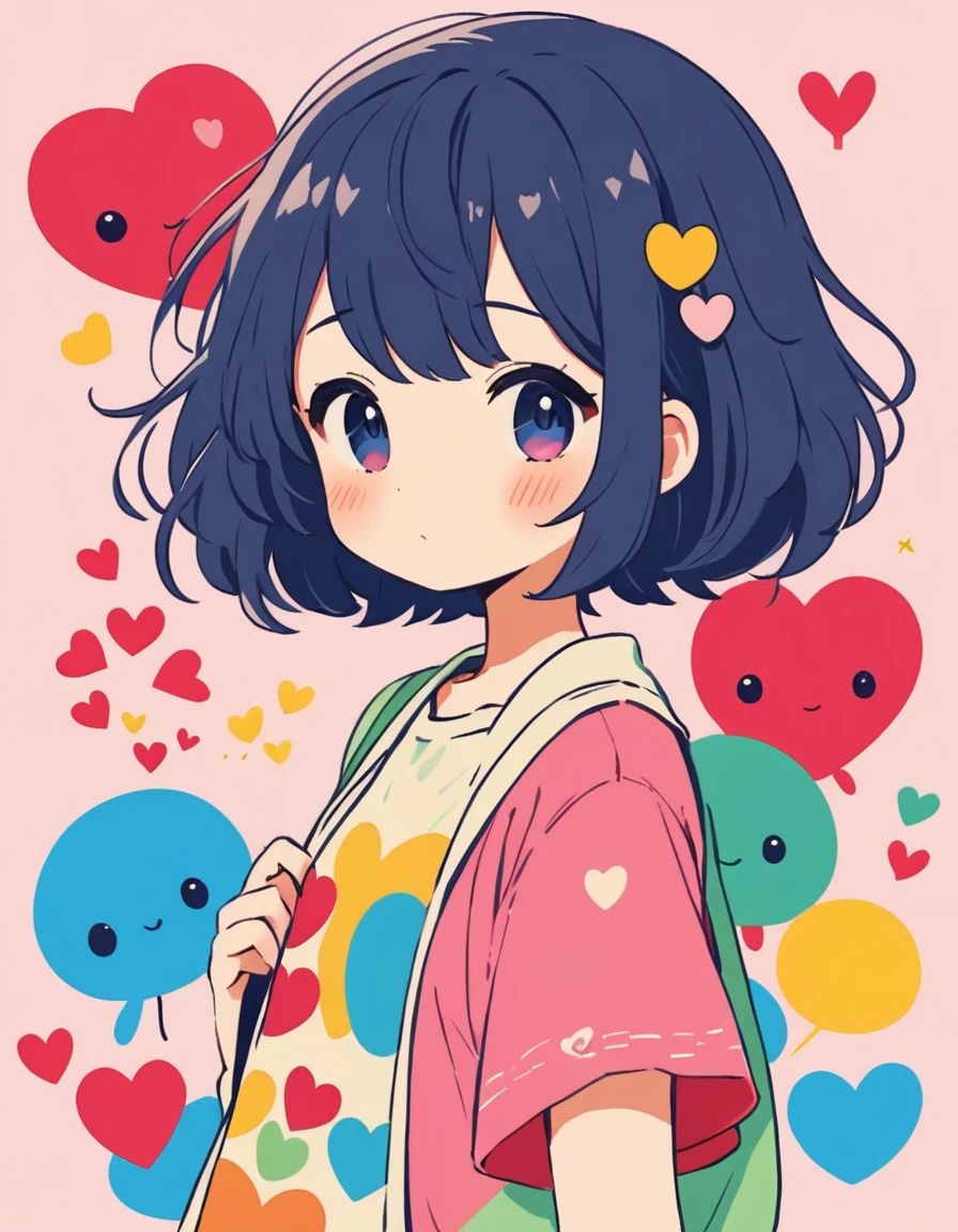 Makoto Shinkai colorful style, Simple Line Initialism,Abstract art,Kawaii Design, The most beautiful girl of all time、chibi, Summer Fashionable Clothes, (((Cute pillbugs))), colorful hearts