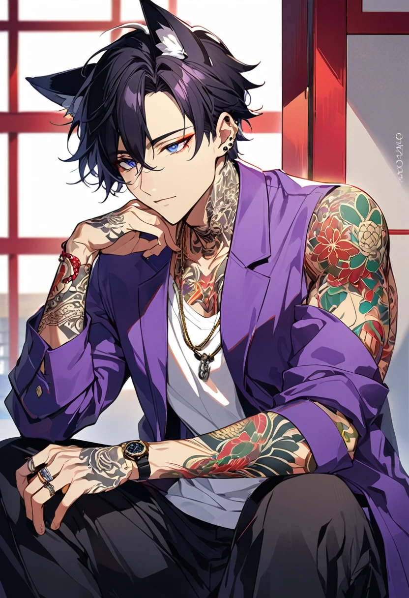 1man, short black hair, fox ears, bright blueviolet eyes, wearing purple jacket, wearing a white undershirt, wearing black pants, wearing a vintage golden watch,wearing a ring necklace, japanese style tattoos, colorfull tattoos, tattoos all over the arms, resting head with hand