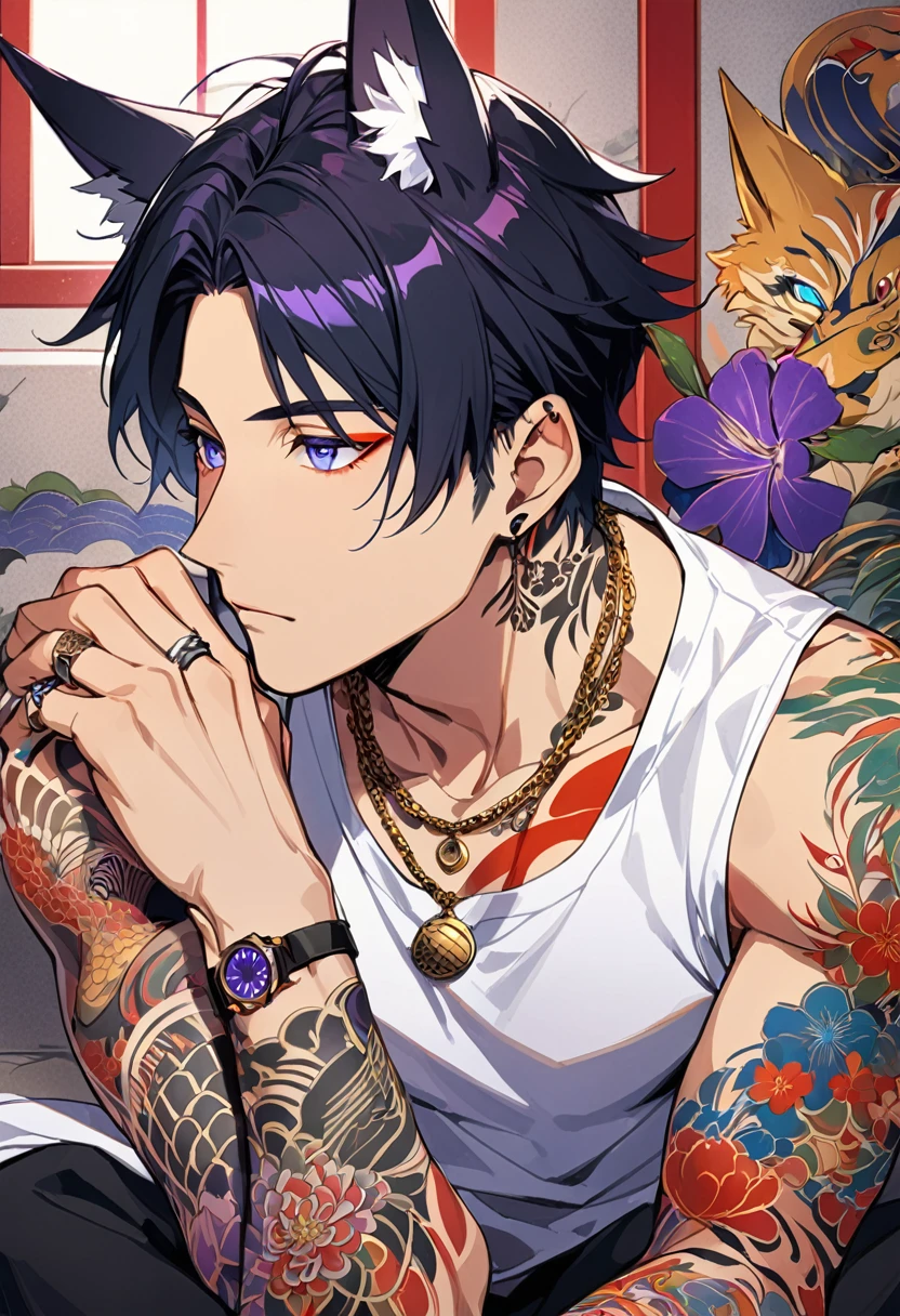 1man, short black hair, fox ears, bright blueviolet eyes, wearing purple jacket, wearing a white undershirt, wearing black pants, wearing a vintage golden watch,wearing a ring necklace, japanese style tattoos, colorfull tattoos, tattoos all over the arms, resting head with hand