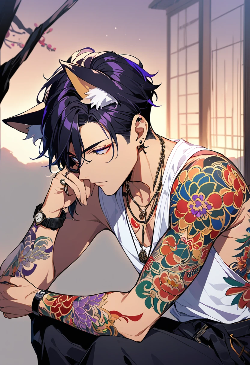 1man, short black hair, fox ears, bright blueviolet eyes, wearing  purple  jacket, wearing a white undershirt, wearing black pants, wearing a vintage golden watch,wearing a ring necklace, japanese style tattoos,  colorfull tattoos, tattoos all over the arms, resting head with hand 